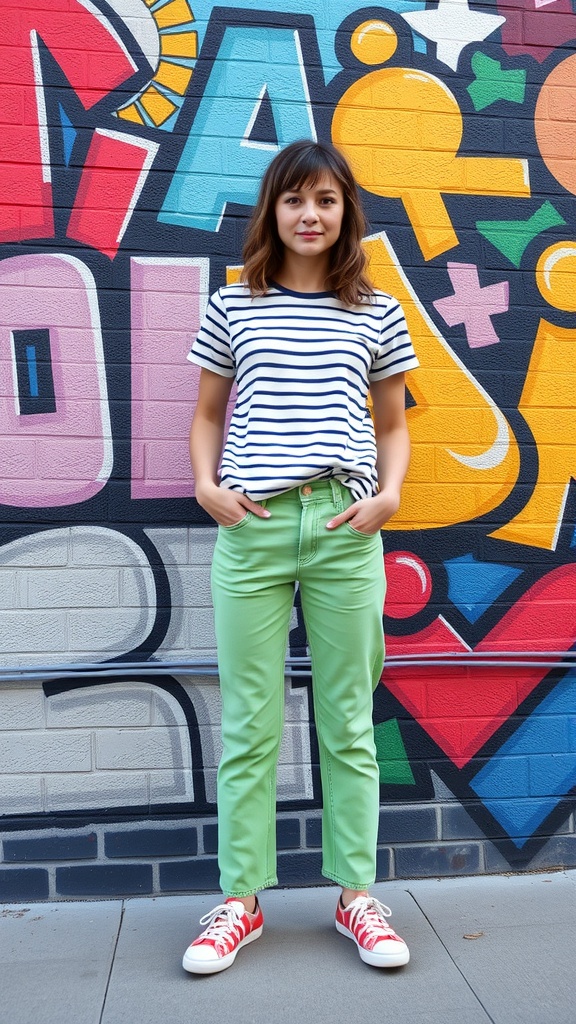 A model wearing green jeans and a striped t-shirt, standing in front of a colorful mural.