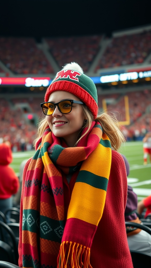 A woman wearing a colorful scarf and beanie at a football game.