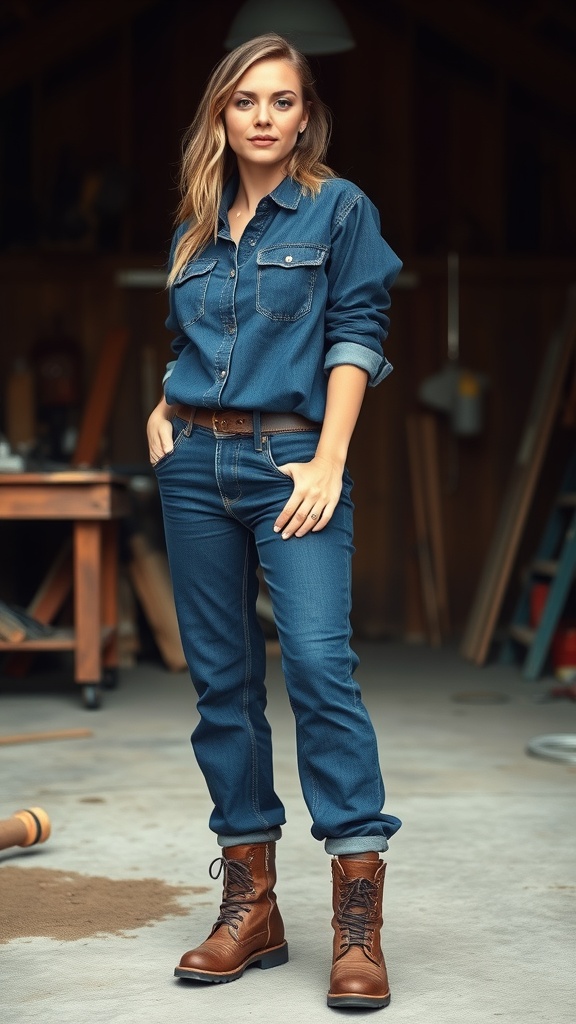A woman wearing baggy jeans and colorful accessories, standing in front of a graffiti wall.