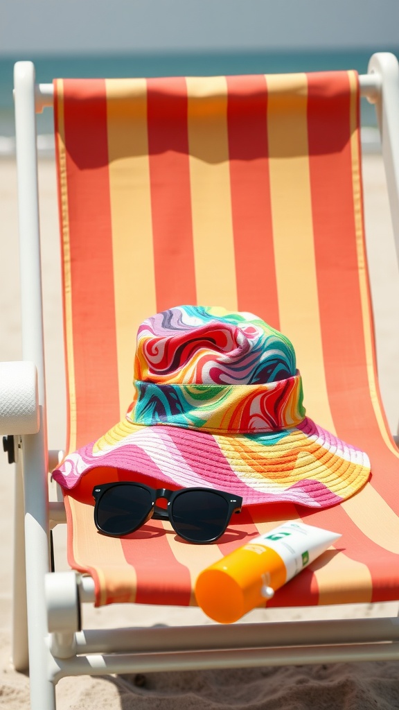 Colorful bucket hat on a beach chair with sunglasses and sunscreen