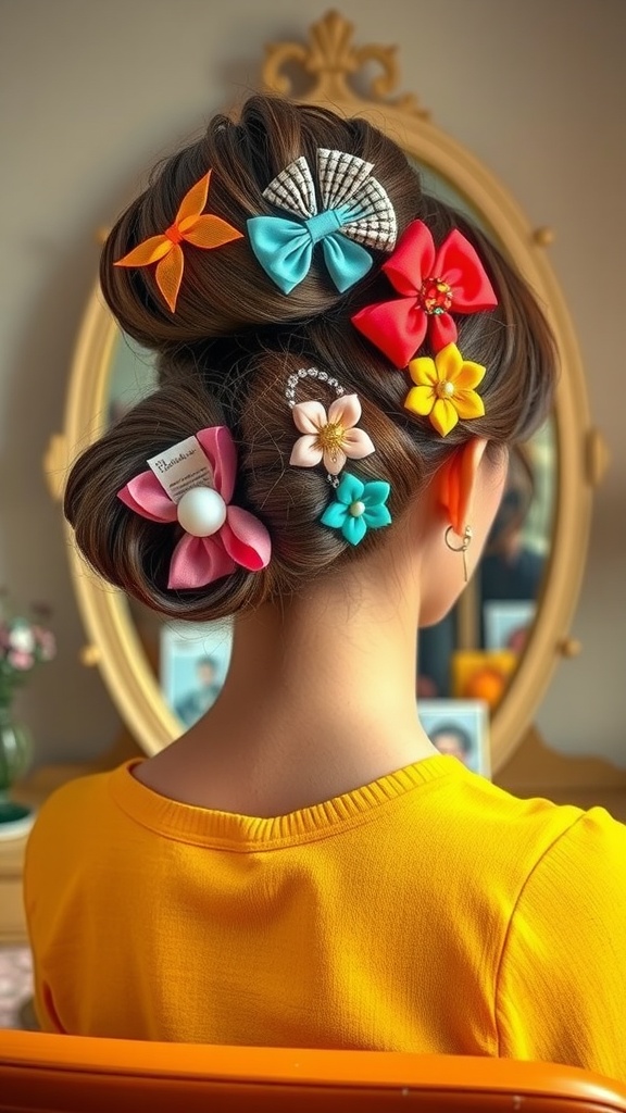 A hairstyle featuring colorful hair accessories like bows and flowers, styled in a vintage 60s updo.