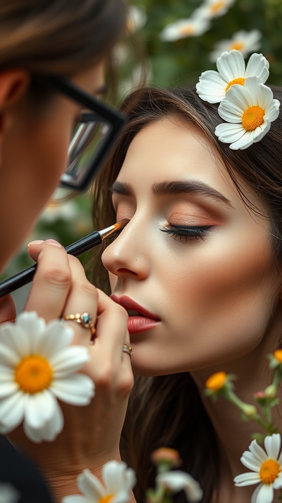 A makeup artist applying colorful makeup to a model's lower lash line with flowers in the background.