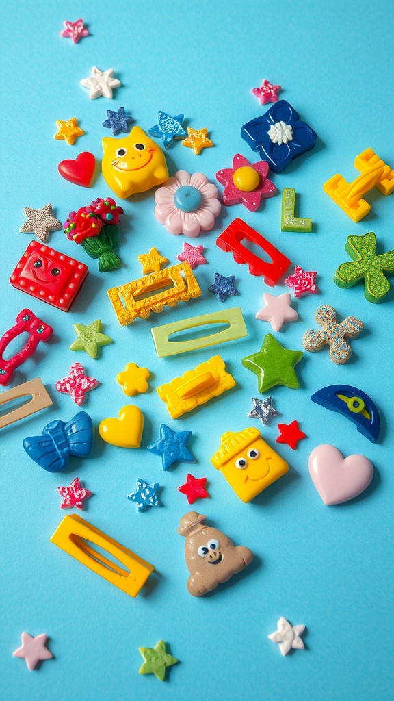 A variety of colorful resin hair clips and pins on a blue background, featuring playful shapes like flowers, stars, and hearts.
