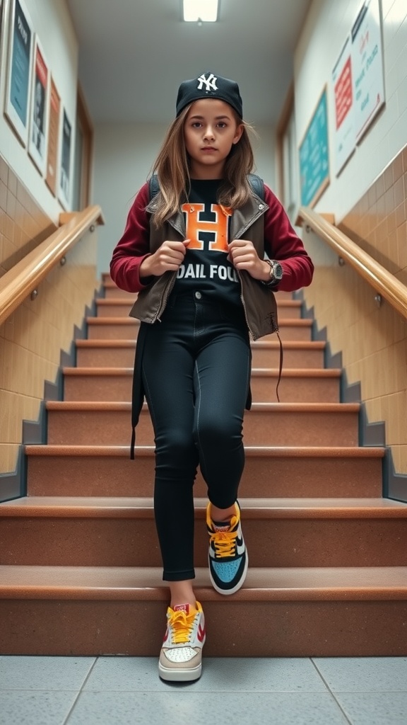 A girl walking down school stairs wearing colorful sneakers, a graphic tee, and fitted pants.