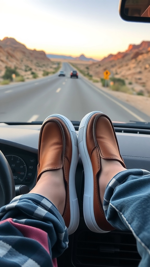 A pair of brown slip-on shoes on a dashboard with a scenic road view ahead.