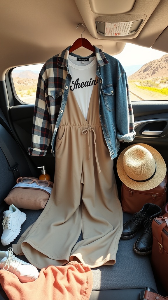 A comfy beige jumpsuit with a denim jacket and casual tee, styled for a road trip outfit.