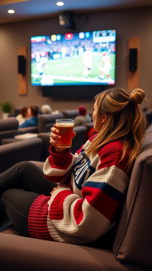A woman wearing a cozy oversized sweater, sitting comfortably while watching a football game on a large screen.