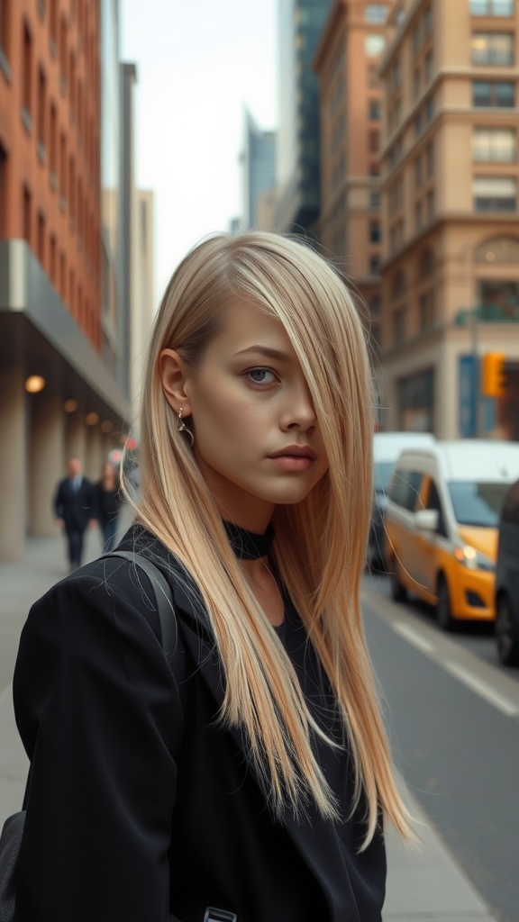 A person with long cool beige blonde hair styled elegantly in a city setting.