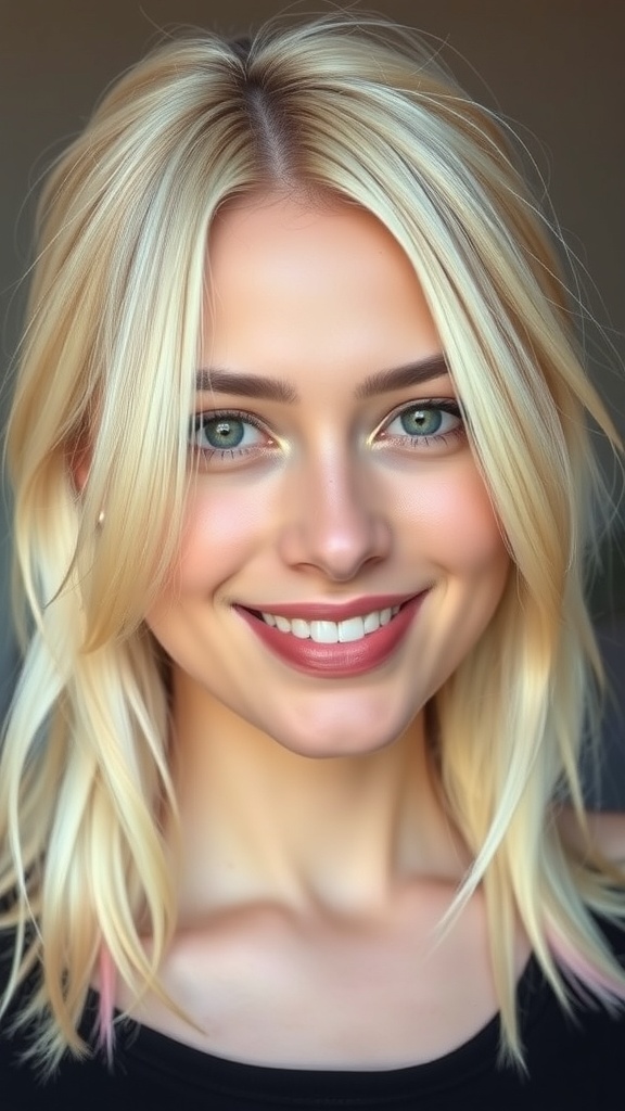 A smiling woman with cool blonde hair featuring a peach tint, showcasing a fresh and vibrant look.