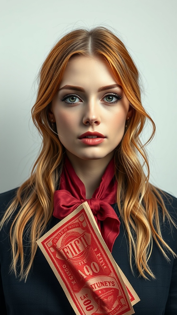 A woman with copper blonde waves and a red money piece, wearing a red scarf and looking confidently at the camera.