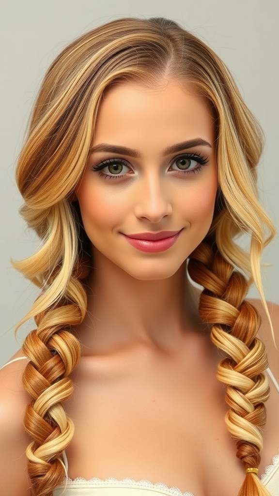 A woman with copper hair and blonde highlights styled in loose braids.