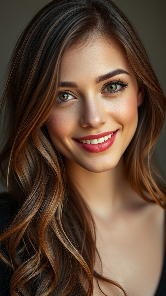 A woman with warm brunette hair featuring copper highlights, smiling softly.