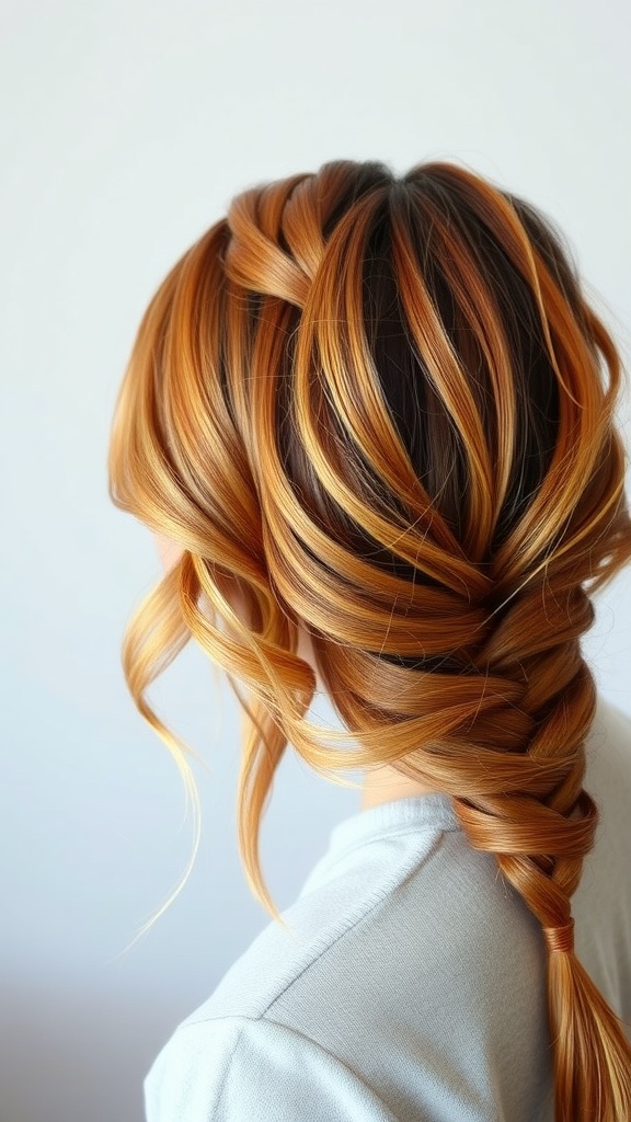 A braided hairstyle featuring copper ombre with golden highlights