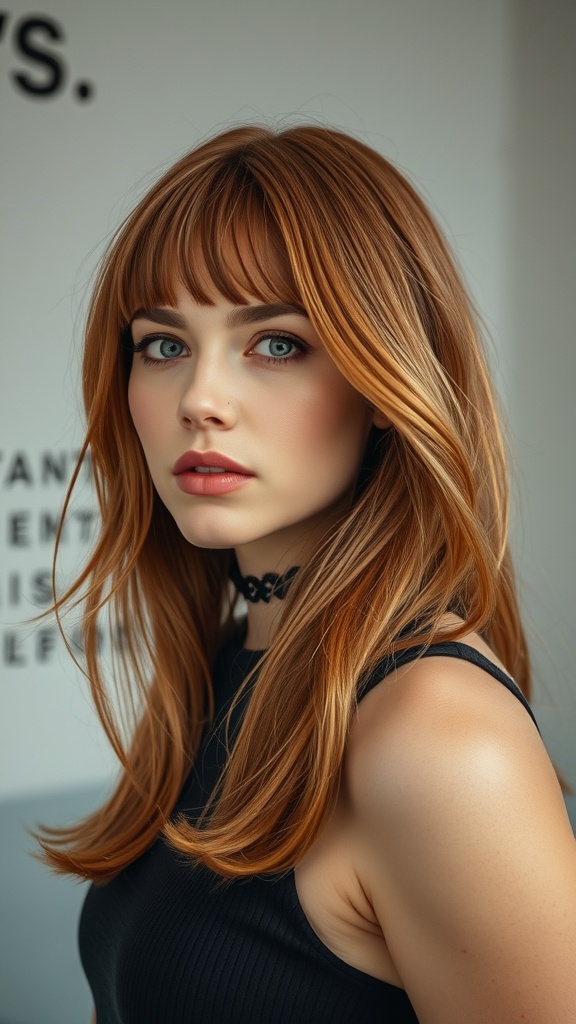 A woman with copper red hair featuring honey blonde balayage, styled with soft waves and a casual outfit.
