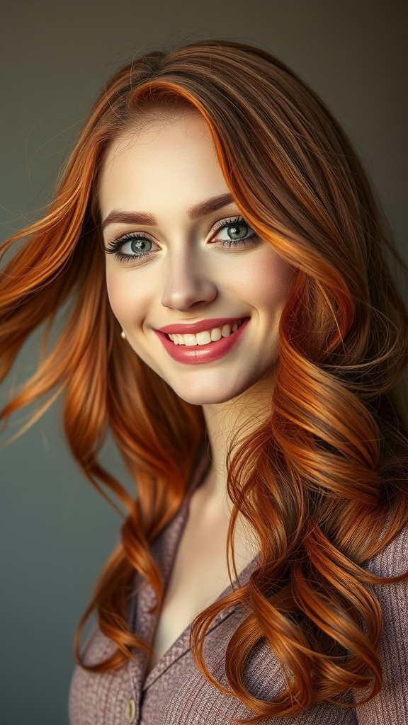 A woman with long copper red waves and a bright smile, showcasing natural shine in her hair.