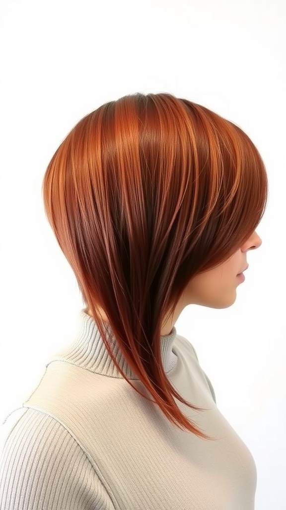 A stylish angled bob haircut featuring copper red hair with dark roots.