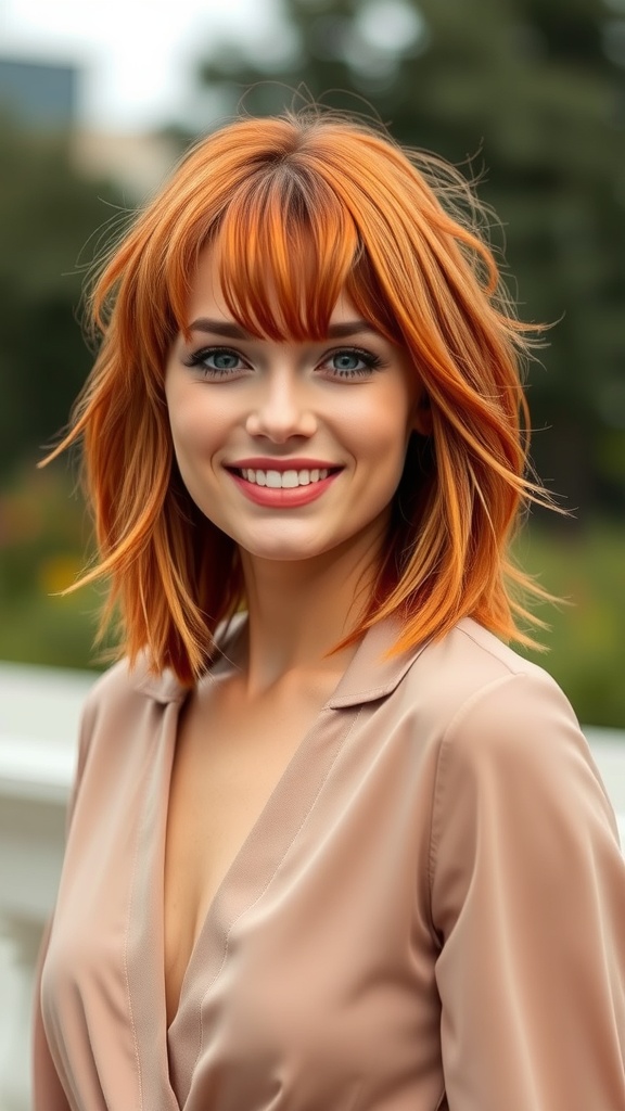 A woman with copper red hair styled in flipped-out layers, smiling outdoors.