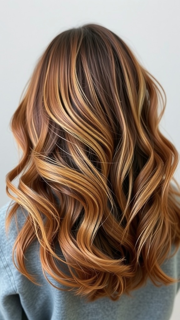 Wavy hair featuring a blend of copper and ash brown tones