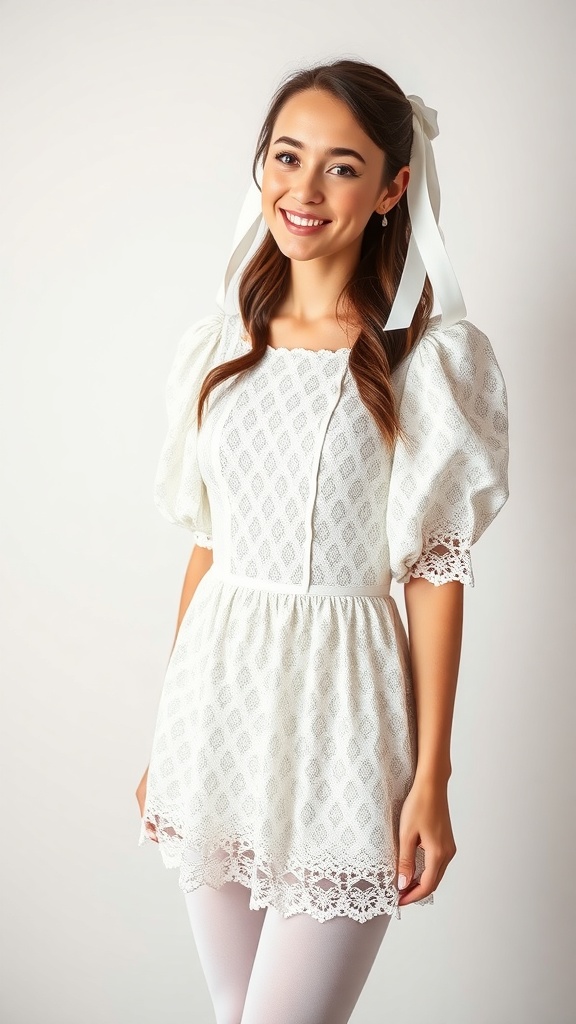 A woman smiling in a white coquette aesthetic dress with ribbons and lace.