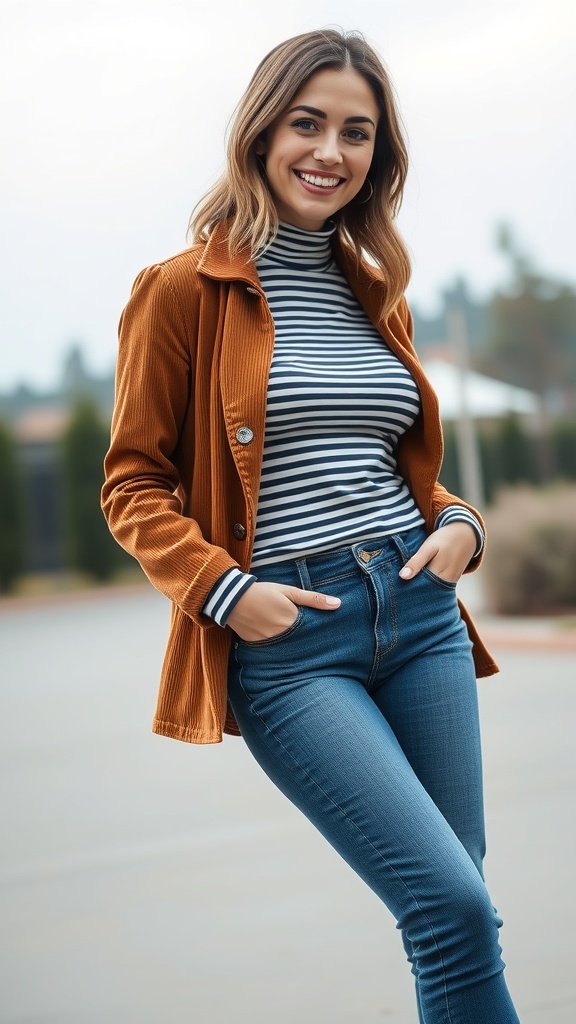 A woman smiling while wearing a corduroy jacket over a striped tee, paired with fitted jeans.
