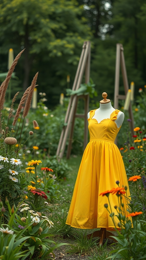 A butter yellow dress displayed in a garden surrounded by colorful flowers