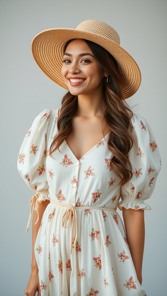 A woman smiling while wearing a floral midi dress and a straw hat.