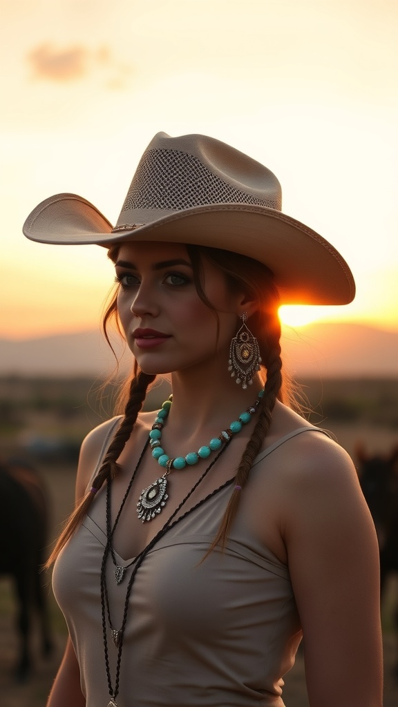 A woman wearing a cowboy hat and layered necklaces, with a sunset in the background.