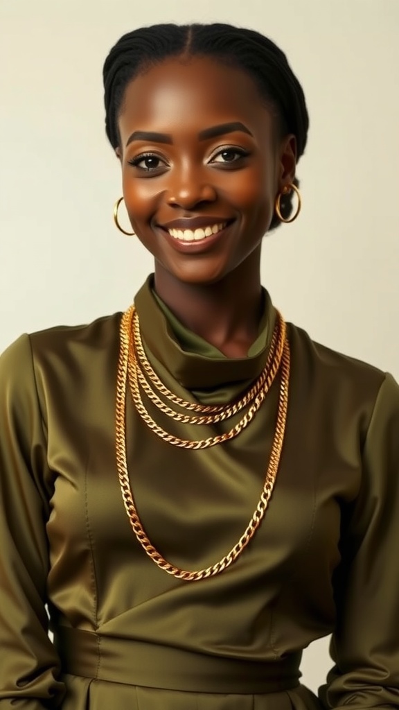 A woman wearing a cowl neck dress with layered necklaces, smiling confidently.