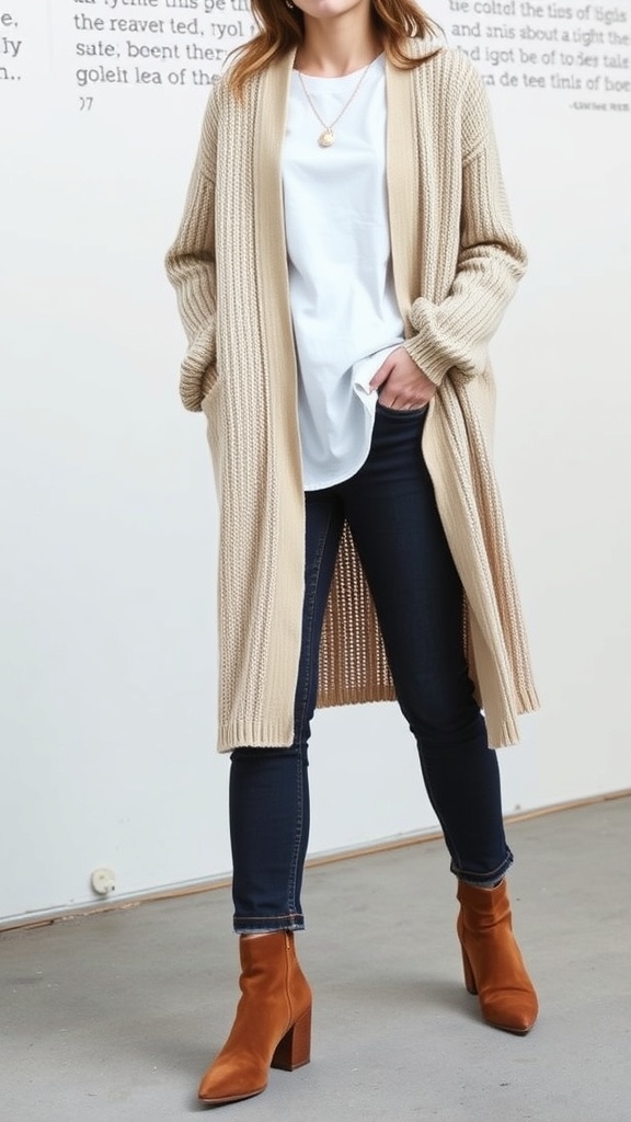 A woman wearing a cozy beige cardigan over a white top, paired with high-waisted jeans and brown ankle boots.