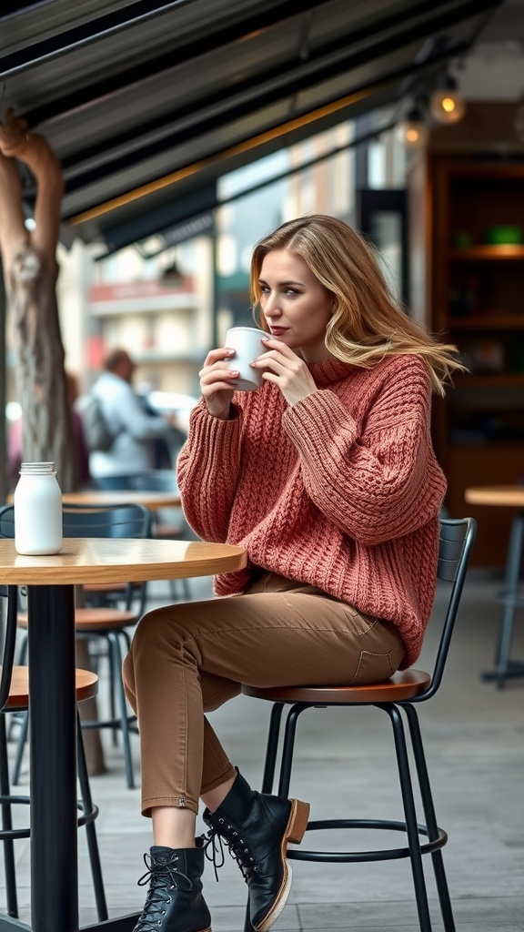 A woman in a cozy knit sweater and brown jeans enjoying a drink at a café
