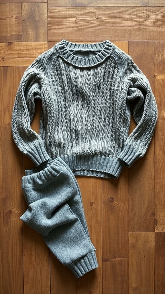 Cozy knit sweater and fleece joggers in light blue color, laid out on wooden floor.