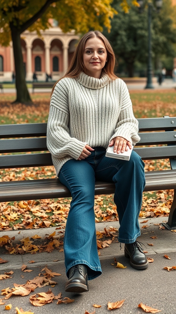A woman sitting on a bench wearing a cozy knit sweater and high-waisted baggy jeans, surrounded by autumn leaves.