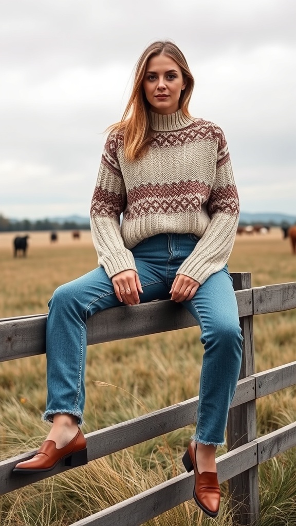 A woman wearing a cozy knit sweater and high-waisted jeans, sitting on a wooden fence in a rural landscape.