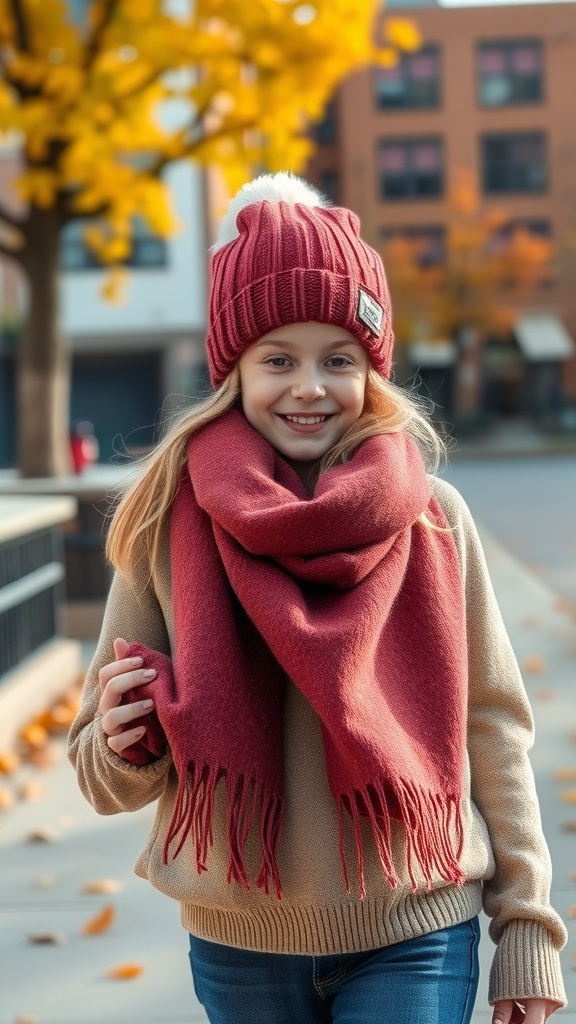 A girl smiling while wearing a cozy sweater, a beanie, and a scarf, with autumn leaves in the background.