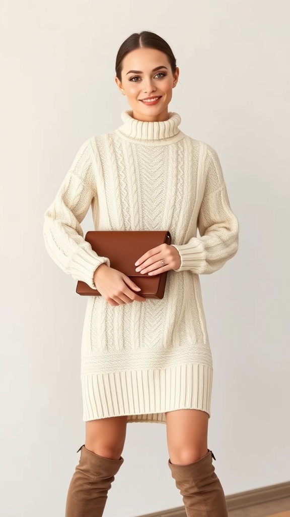 A woman wearing a cozy cream sweater dress and knee-high boots, holding a brown clutch.