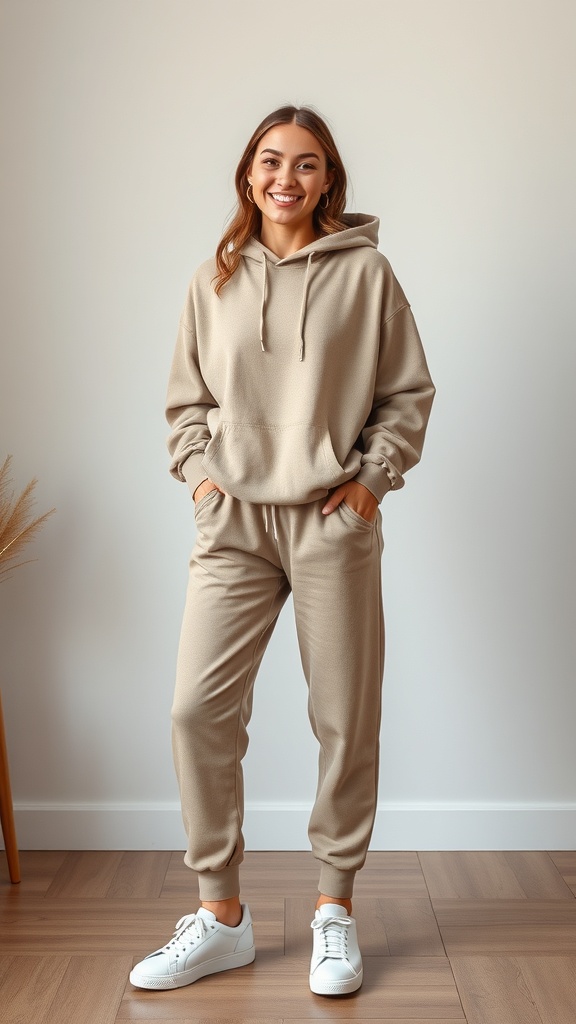 A woman wearing a beige matching sweatsuit with a hood and joggers, smiling in a bright room.