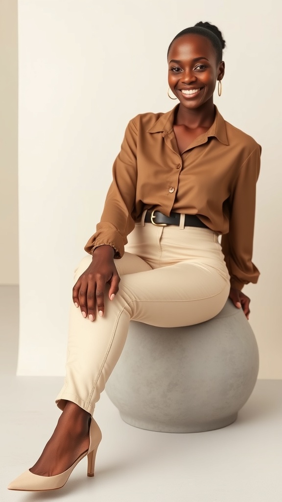 A woman sitting on a gray sphere wearing cream leather pants and a brown blouse, smiling confidently.