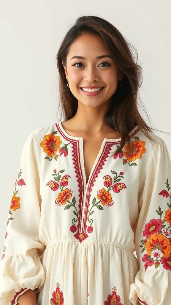 A woman smiling while wearing a cream long sleeve dress with colorful boho embroidery.