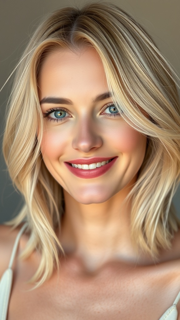A smiling woman with creamy blonde hair featuring copper flecks, showcasing a warm and inviting fall hair color.
