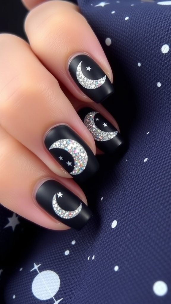 Close-up of matte black nails with crescent moon and star glitter designs