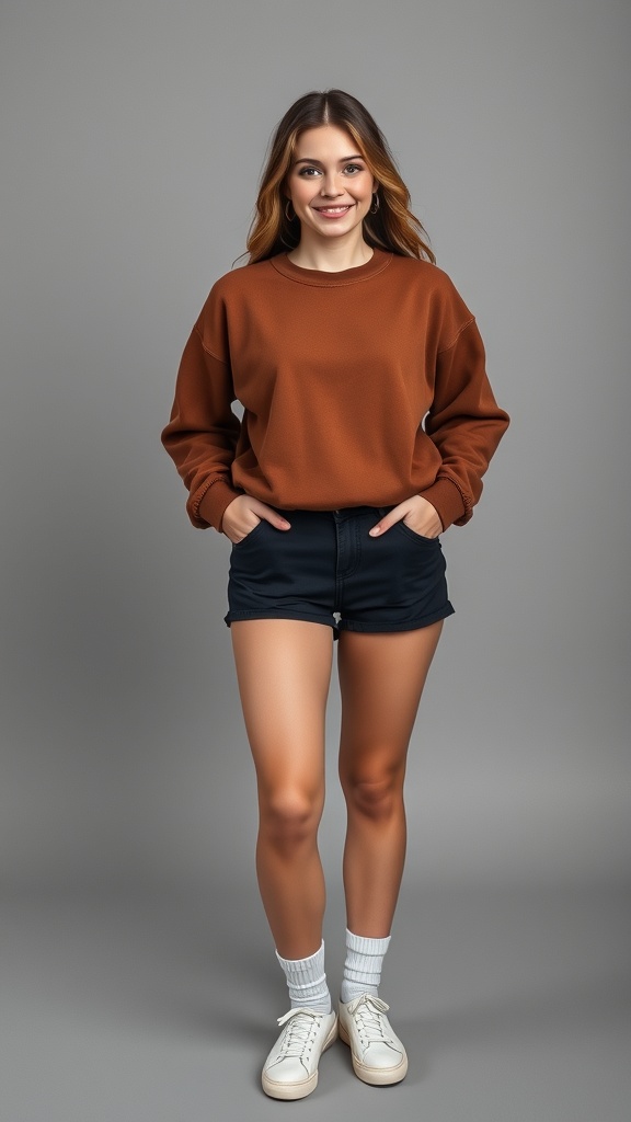 A woman wearing a brown crewneck sweatshirt with navy biker shorts and white crew socks, smiling at the camera.