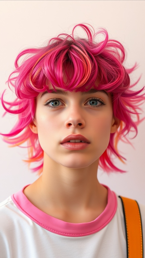 A model with vibrant pink crimped waves, showcasing a bold hairstyle.