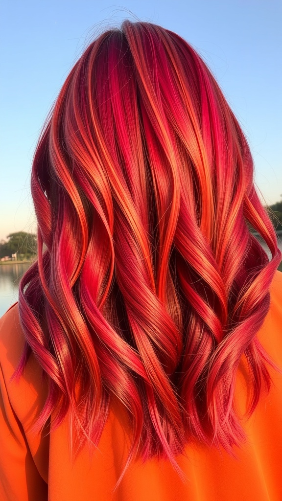 A vibrant crimson sunset fade hairstyle with waves, showcasing a blend of red and orange hues.