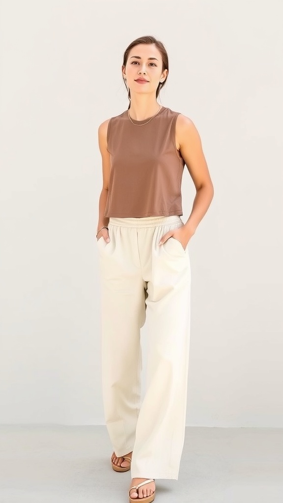 A woman wearing a brown crop top and white wide-leg pants, standing confidently with her hands in her pockets.