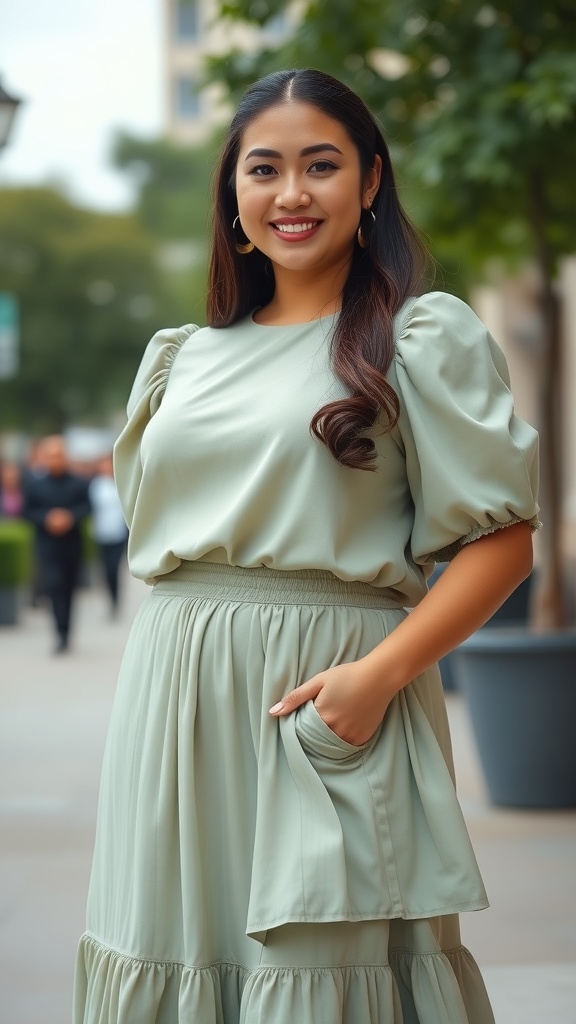A woman smiling while wearing a mint green cropped blouse and a matching midi skirt with pockets.