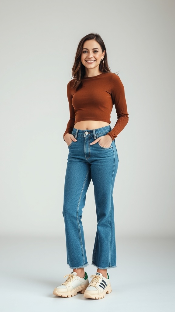 A woman wearing a cropped brown long sleeve tee and wide-leg jeans, smiling and posing.