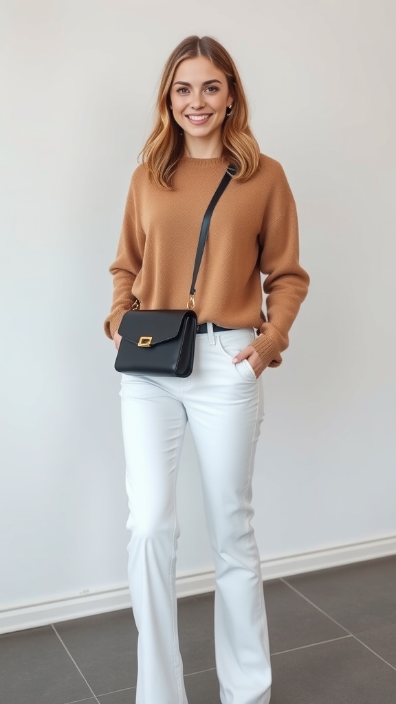 A woman wearing a cropped brown sweater and white jeans, holding a black bag.