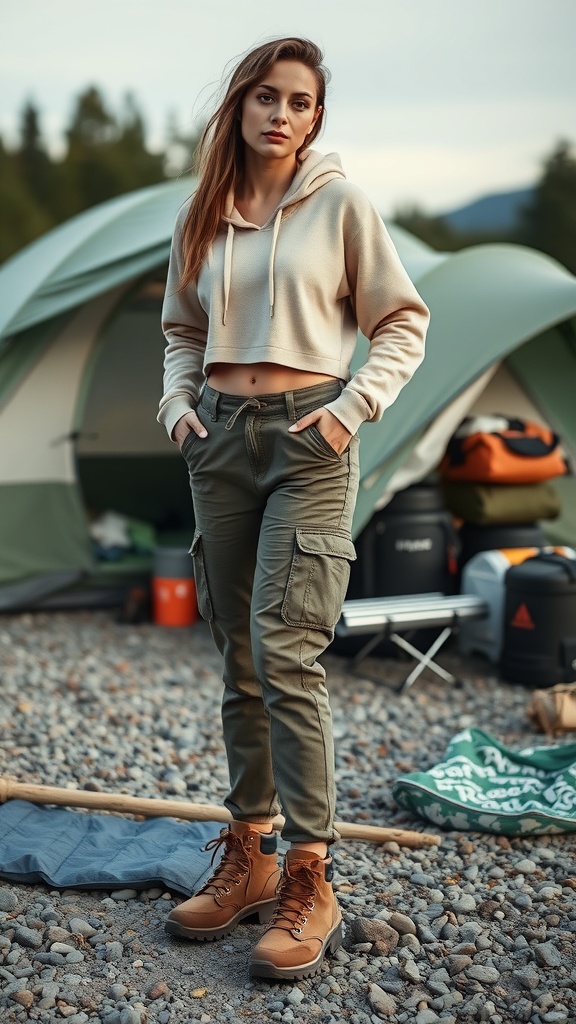 A woman wearing a cropped hoodie and cargo pants stands in front of a campsite, showcasing a stylish and practical outdoor outfit.