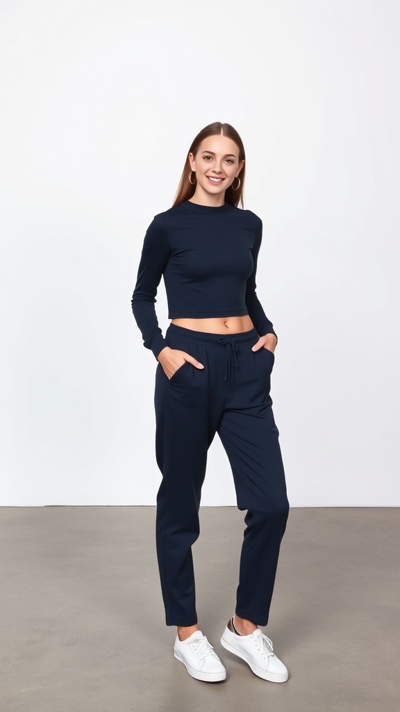 A woman wearing a cropped long sleeve top and jogger-style trousers, smiling confidently.