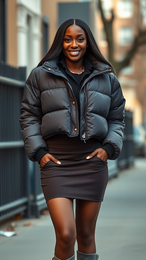 A woman wearing a cropped puffer jacket and a mini skirt with gray shark boots, smiling while walking down the street.